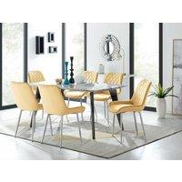 FurnitureboxUK Andria Marble Effect Dining Table With Black Legs & 6 Pesaro Velvet Silver Leg Chairs in Mustard