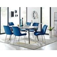 FurnitureboxUK Andria Marble Effect Dining Table With Black Legs & 6 Pesaro Velvet Silver Leg Chairs in Navy
