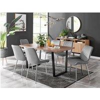 FurnitureboxUK Kylo Large Brown Wood Effect Dining Table & 6 Pesaro Velvet Silver Leg Chairs in Grey