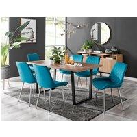FurnitureboxUK Kylo Large Brown Wood Effect Dining Table & 6 Pesaro Velvet Silver Leg Chairs in Blue