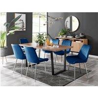FurnitureboxUK Kylo Large Brown Wood Effect Dining Table & 6 Pesaro Velvet Silver Leg Chairs in Navy