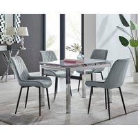 FurnitureboxUK Enna White Glass Extending 4-6 Seater Dining Table and 4 Pesaro Soft Velvet Chairs in Grey