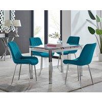 FurnitureboxUK Enna White Glass Extending 4-6 Seater Dining Table and 4 Pesaro Soft Velvet Chairs in Blue