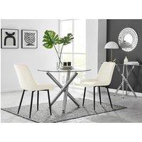 FurnitureboxUK Selina Round Glass Chrome Leg Dining Table and Pesaro Black Leg Chairs in Cream | Size: 2 Person