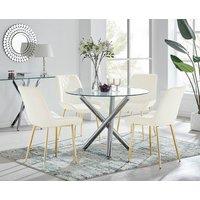 FurnitureboxUK Selina Round Glass Chrome Leg Dining Table and Pesaro Gold Leg Chairs in Cream | Size: 2 Person