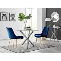 FurnitureboxUK Selina Round Glass Chrome Leg Dining Table and Pesaro Gold Leg Chairs in Navy | Size: 2 Person