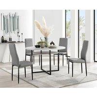 FurnitureboxUK Adley Grey Concrete Effect And Black Round Dining Table with Shelf and 4 Faux Leather Milan Dining Chairs