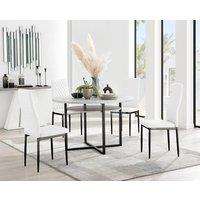 FurnitureboxUK Adley Grey Concrete Effect And Black Round Dining Table with Shelf and 4 Faux Leather Milan Dining Chairs in White