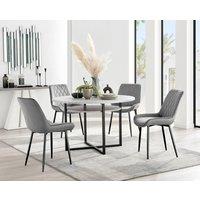 FurnitureboxUK Adley Grey Concrete Effect And Black Round Dining Table with Shelf and 4 Velvet Pesaro Dining Chairs
