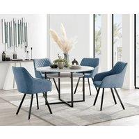 FurnitureboxUK Adley Grey Concrete Effect Round Dining Table & 4 Falun Black Leg Fabric Chairs in Blue