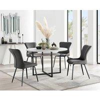 FurnitureboxUK Adley Grey Concrete Effect Round Dining Table & 4 Nora Black Leg Velvet Chairs in Dark Grey
