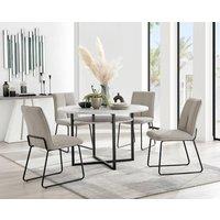 FurnitureboxUK Adley Grey Concrete Effect Round Dining Table & 4 Halleyy Fabric Chairs in Taupe