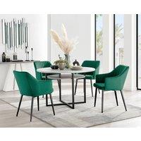 FurnitureboxUK Adley Grey Concrete Effect Round Dining Table & 4 Calla Black Leg Velvet Chairs in Green