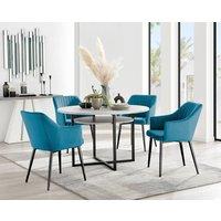FurnitureboxUK Adley Grey Concrete Effect Round Dining Table & 4 Calla Black Leg Velvet Chairs in Blue