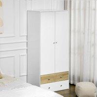 HOMCOM 2 Door Wardrobe White Wardrobe with Drawers and Hanging Rod Bedroom
