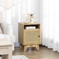 HOMCOM Nightstand, Rattan Bedside Table w/ Cabinet, Shelf, Natural