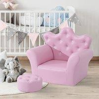 HOMCOM Kids Sofa Set, 2PCs Crown-Themed Child Armchair with Ottoman, Pink