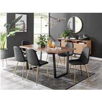 FurnitureboxUK Kylo Large Brown Wood Effect Dining Table & 6 Corona Gold Leg Faux Leather Chairs in Black