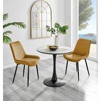 FurnitureboxUK Elina White Marble Effect Scratch Resistant Dining Table & 2 Pesaro Black Leg Velvet Chairs in Mustard