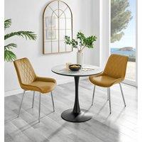 FurnitureboxUK Elina White Marble Effect Scratch Resistant Dining Table & 2 Pesaro Silver Leg Velvet Chairs in Mustard
