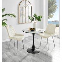 FurnitureboxUK Elina White Marble Effect Scratch Resistant Dining Table & 2 Pesaro Silver Leg Velvet Chairs in Cream