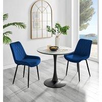 FurnitureboxUK Elina White Marble Effect Scratch Resistant Dining Table & 2 Pesaro Black Leg Velvet Chairs in Navy