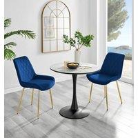 FurnitureboxUK Elina White Marble Effect Scratch Resistant Dining Table & 2 Pesaro Gold Leg Velvet Chairs in Navy