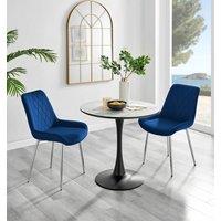 FurnitureboxUK Elina White Marble Effect Scratch Resistant Dining Table & 2 Pesaro Silver Leg Velvet Chairs in Navy
