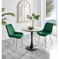 FurnitureboxUK Elina White Marble Effect Scratch Resistant Dining Table & 2 Pesaro Silver Leg Velvet Chairs in Green