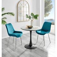 FurnitureboxUK Elina White Marble Effect Scratch Resistant Dining Table & 2 Pesaro Silver Leg Velvet Chairs in Blue