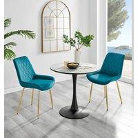 FurnitureboxUK Elina White Marble Effect Scratch Resistant Dining Table & 2 Pesaro Gold Leg Velvet Chairs in Blue