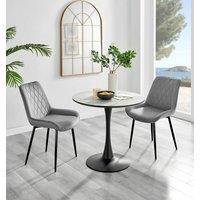 FurnitureboxUK Elina White Marble Effect Scratch Resistant Dining Table & 2 Pesaro Black Leg Velvet Chairs in Grey