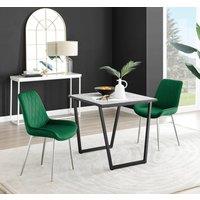 FurnitureboxUK Carson White Marble Effect Square Dining Table & 2 Velvet Pesaro Silver Leg Chairs in Green