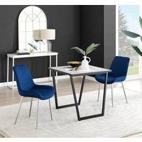 FurnitureboxUK Carson White Marble Effect Square Dining Table & 2 Velvet Pesaro Silver Leg Chairs in Navy