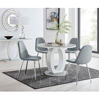 FurnitureboxUK Giovani Round 4 Seat 100cm White High Gloss Halo Base Grey Glass Top Dining Table 4 Soft Faux Leather Silver Leg Corona Chairs