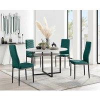 FurnitureboxUK Adley Grey Concrete Effect And Black Round Dining Table with Shelf and 4 Velvet Milan Dining Chairs in Green