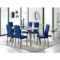FurnitureboxUK Andria Marble Effect Dining Table With Black Legs & 6 Milan Velvet Black Leg Chairs in Navy
