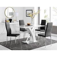 FurnitureboxUK Atlanta White High Gloss and Chrome 4 Seater Dining Table with X Shaped Legs and 4 Soft Velvet Milan Chairs in Black