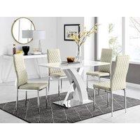FurnitureboxUK Atlanta White High Gloss and Chrome 4 Seater Dining Table with X Shaped Legs and 4 Soft Velvet Milan Chairs in Cream