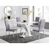 FurnitureboxUK Atlanta White High Gloss and Chrome 4 Seater Dining Table with X Shaped Legs and 4 Soft Velvet Milan Chairs in Grey