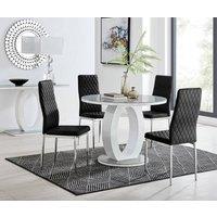 FurnitureboxUK Giovani Round 4 Seat 100cm White High Gloss Halo Base Grey Glass Top Dining Table 4 Soft Velvet Silver Leg Milan Chairs in Black