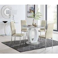 FurnitureboxUK Giovani Round 4 Seat 100cm White High Gloss Halo Base Grey Glass Top Dining Table 4 Soft Velvet Silver Leg Milan Chairs in Cream