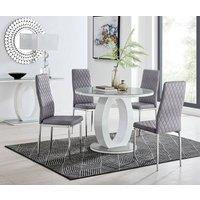 FurnitureboxUK Giovani Round 4 Seat 100cm White High Gloss Halo Base Grey Glass Top Dining Table 4 Soft Velvet Silver Leg Milan Chairs