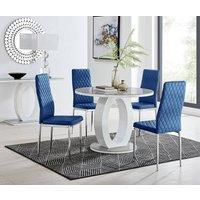 FurnitureboxUK Giovani Round 4 Seat 100cm White High Gloss Halo Base Grey Glass Top Dining Table 4 Soft Velvet Silver Leg Milan Chairs in Navy