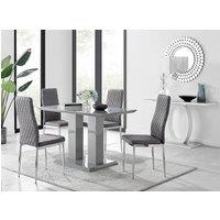 FurnitureboxUK Imperia Grey High Gloss 4 Seater Dining Table with Structural 2 Plinth Column Legs 4 Soft Velvet Silver Leg Milan Chairs