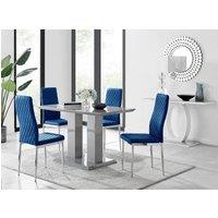 FurnitureboxUK Imperia Grey High Gloss 4 Seater Dining Table with Structural 2 Plinth Column Legs 4 Soft Velvet Silver Leg Milan Chairs in Navy