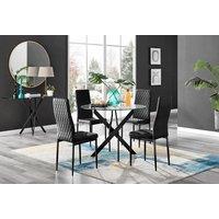 FurnitureboxUK Novara 4 Seater Black Leg Round Glass Dining Table & 4 Milan Soft Velvet Black Leg Chairs