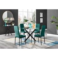 FurnitureboxUK Novara 4 Seater Black Leg Round Glass Dining Table & 4 Milan Soft Velvet Black Leg Chairs in Green