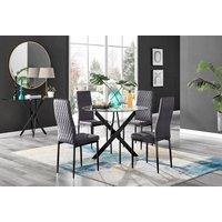 FurnitureboxUK Novara 4 Seater Black Leg Round Glass Dining Table & 4 Milan Soft Velvet Black Leg Chairs in Grey