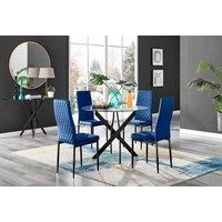 FurnitureboxUK Novara 4 Seater Black Leg Round Glass Dining Table & 4 Milan Soft Velvet Black Leg Chairs in Navy